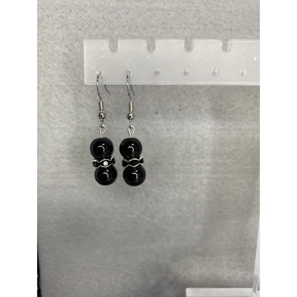 Handmade Black Short Dangle Bead‎ Earrings